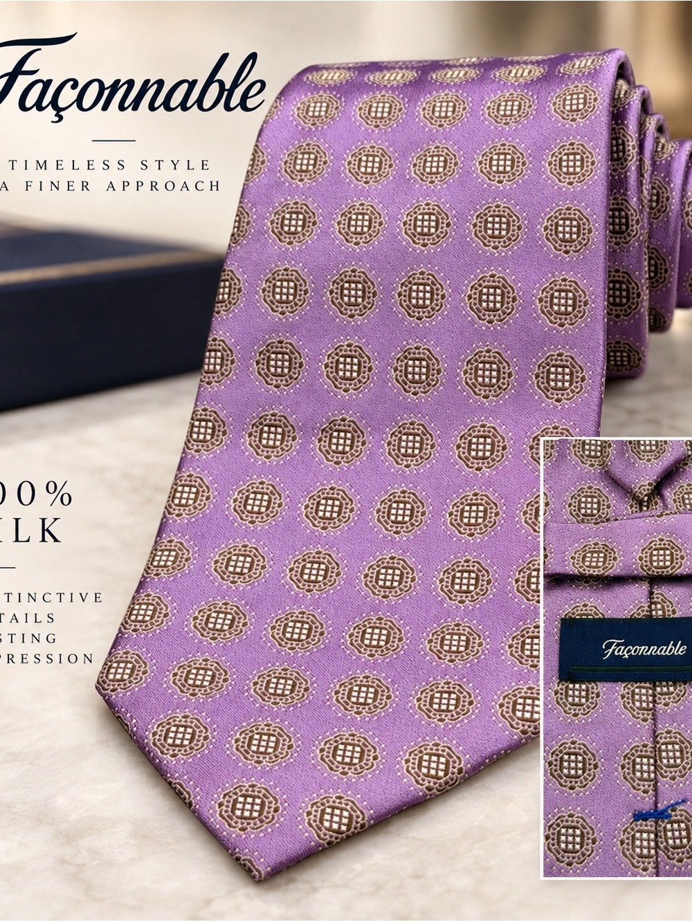 Faconnable Purple Silk Medallion Pattern Tie